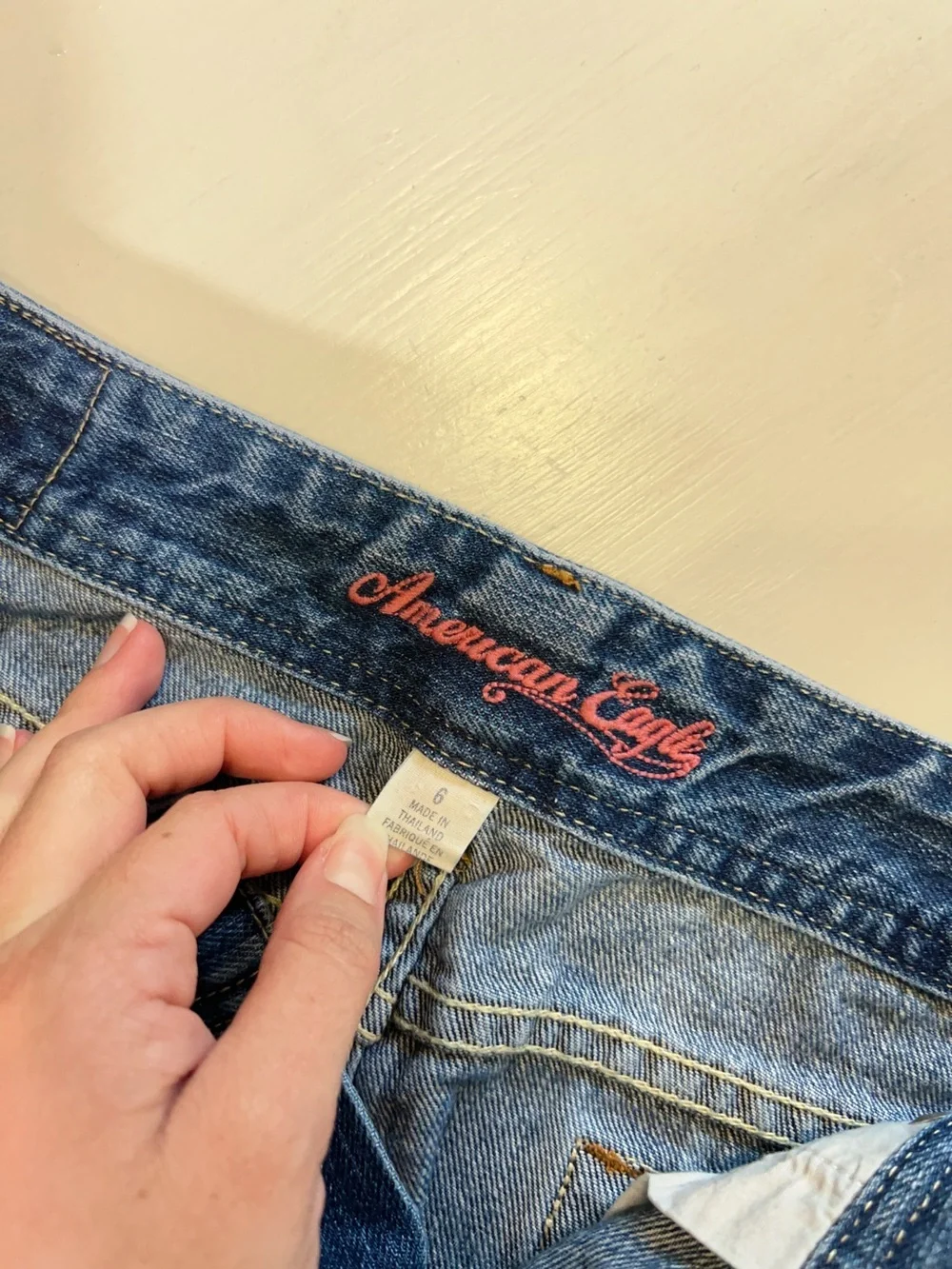 Vintage Y2K American Eagle Faded Denim Super Mini Skirt Low rise Pink Rhinestone - Picture 6 of 12